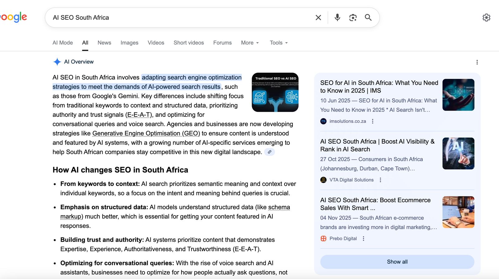 AI Overview ranking for AI SEO South Africa - Prebo Digital