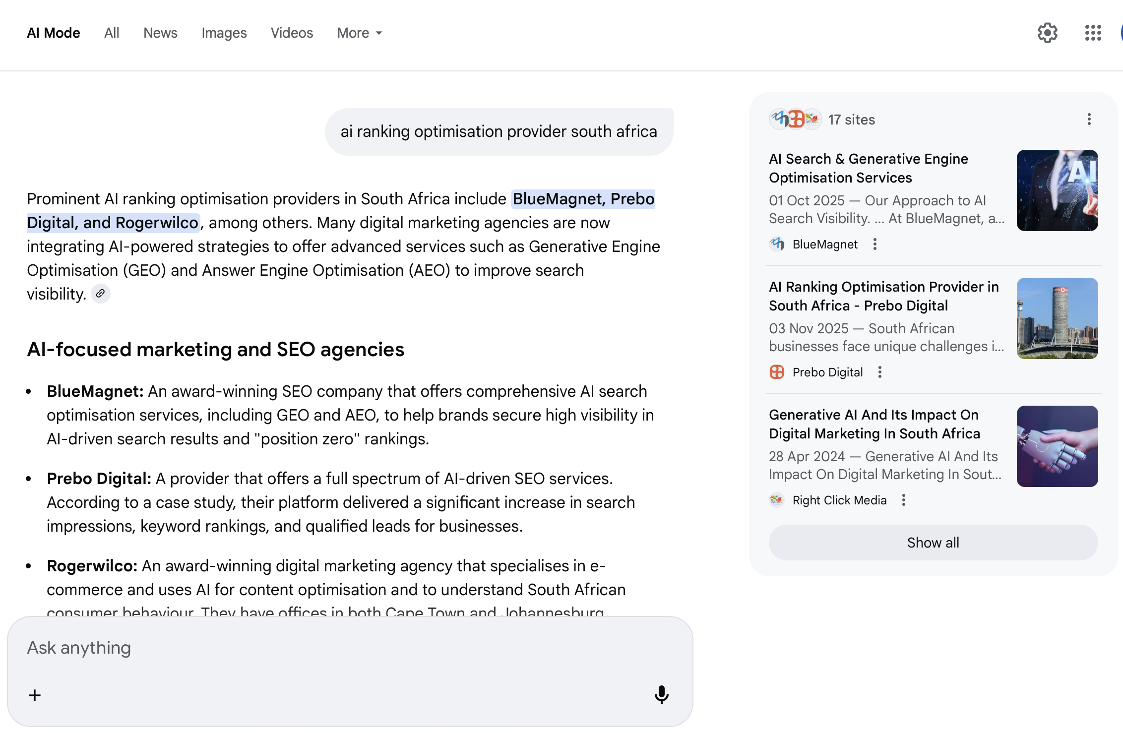 Prebo Digital featured in AI Overview - Prominent AI ranking provider