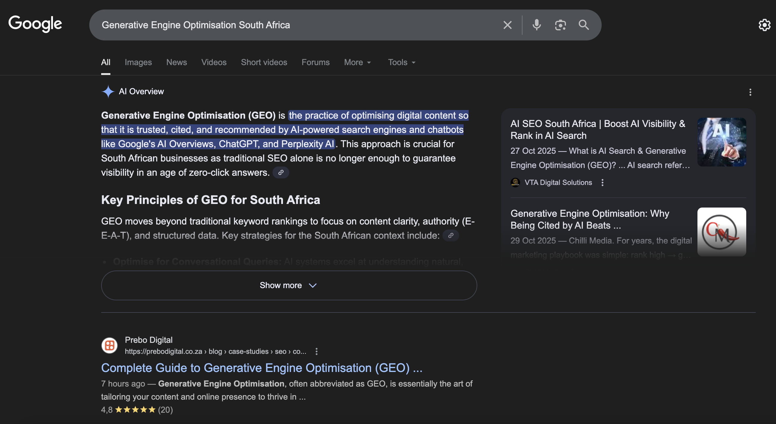 AI Overview ranking for Generative Engine Optimisation South Africa - Prebo Digital featured